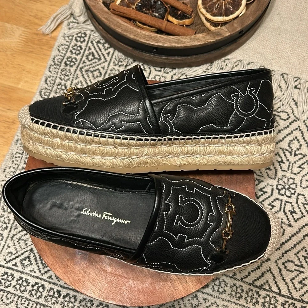 Salvador Ferragamo leather Kim Gal  Gancini Logo-Embroidered Espadrilles 6.5